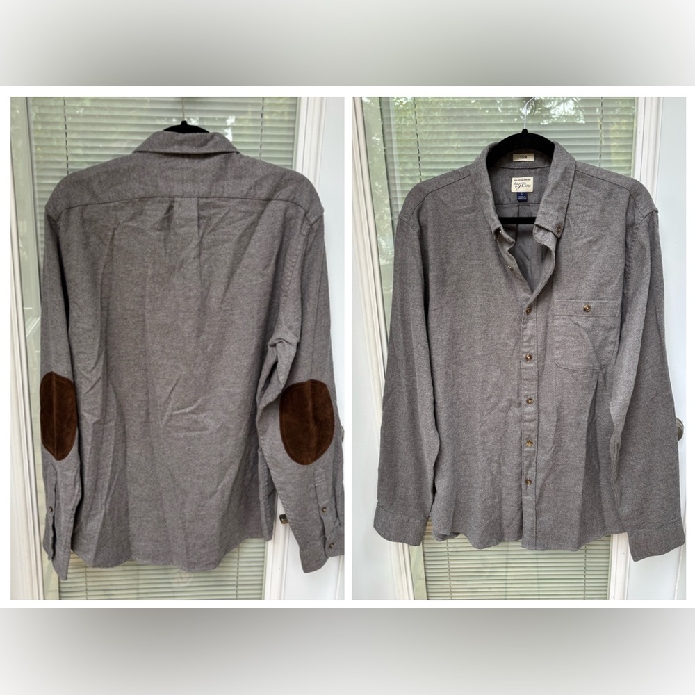 J Crew Shirt Men's Large Gray Cotton Wool Flannel Brown Suede Elbow Pads SlimFit